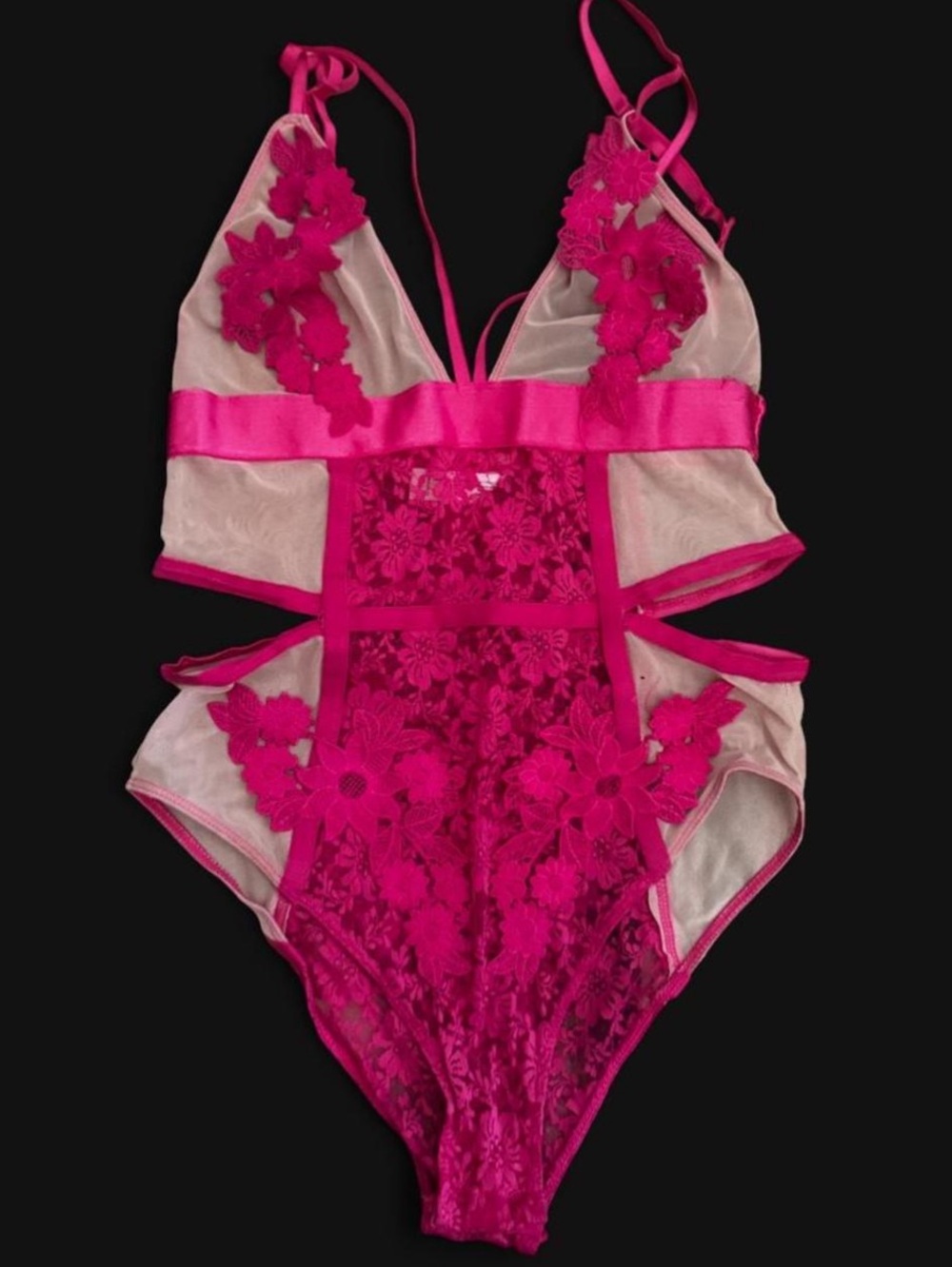 Fuchsia Floral Lace Chemise Bodysuit with Sheer Insets